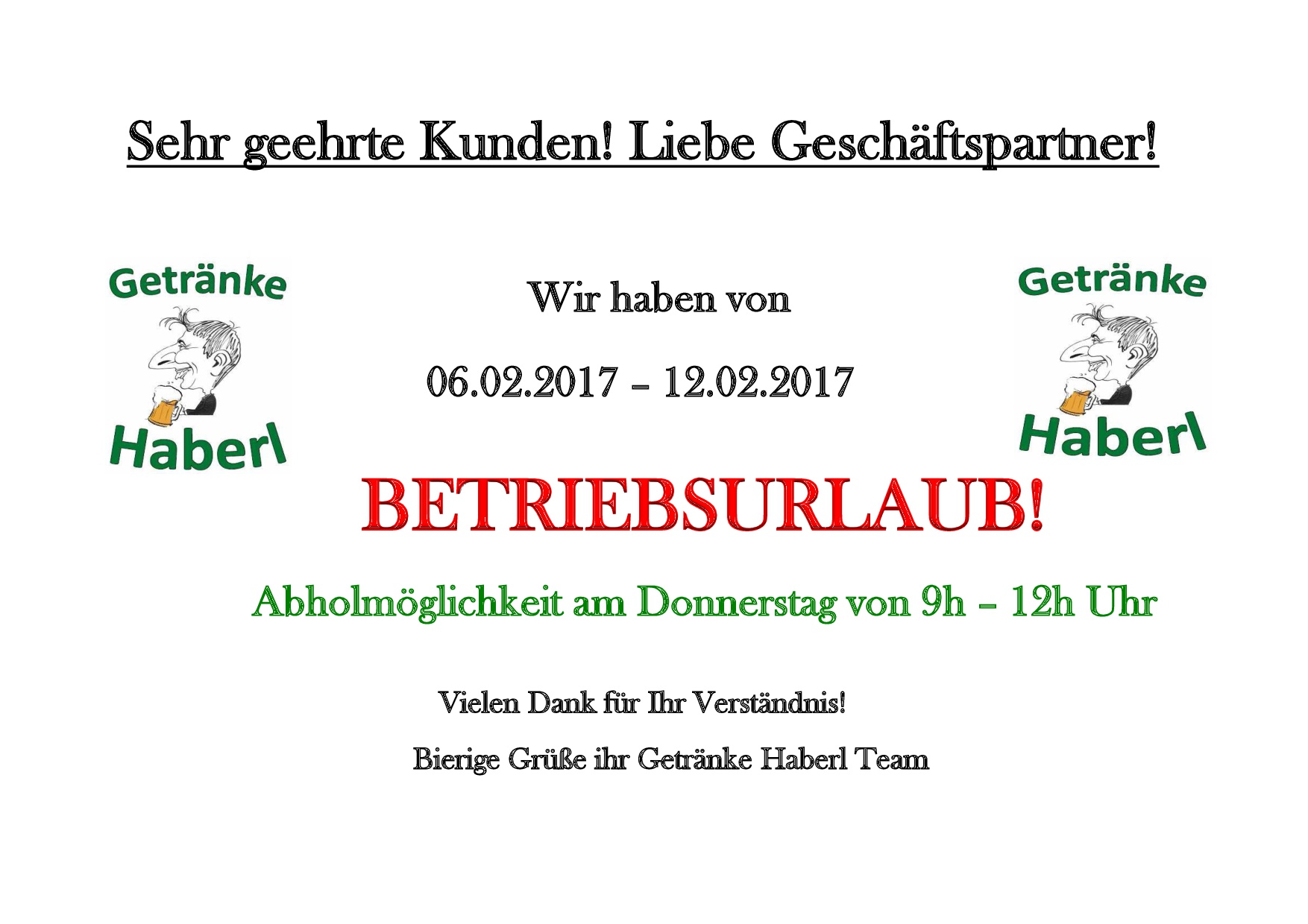Betriebsurlaub Getränkehandel Haberl